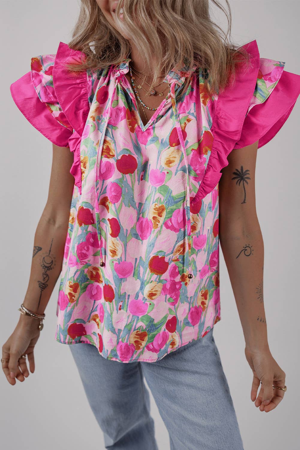 Floral Layered Ruffle Sleeve Blouse