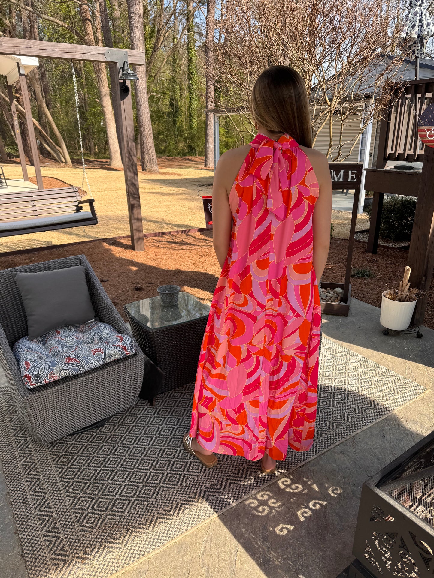 Abstract Print Knotted Mock Neck Maxi Dress