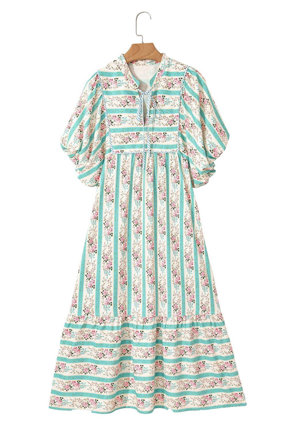 Floral Striped Pattern Puff Short Sleeve Dress