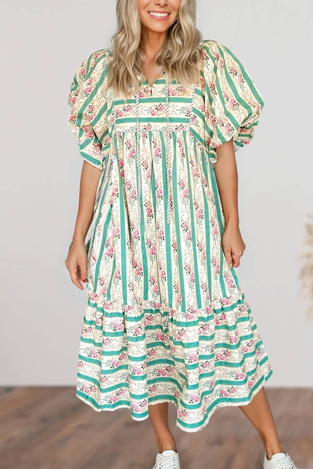 Floral Striped Pattern Puff Short Sleeve Dress