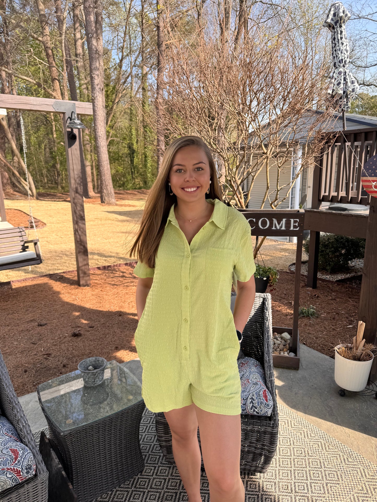 Textured Patched Pocket Buttoned Shirt Romper