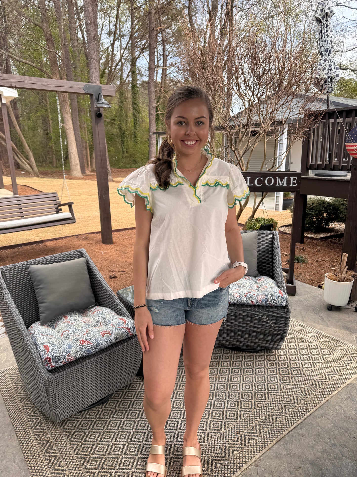 Embroidered Scallop Trim Blouse
