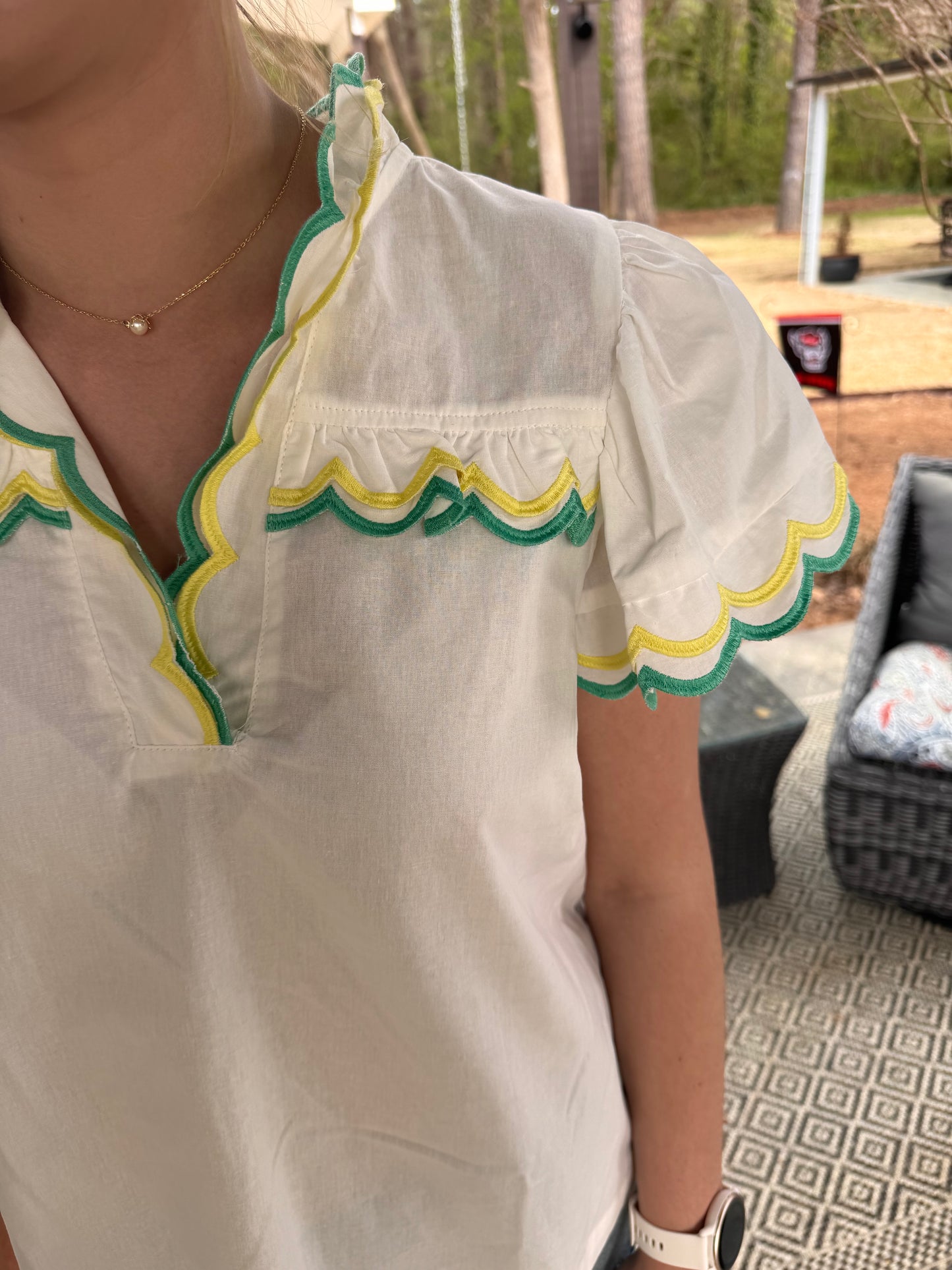 Embroidered Scallop Trim Blouse