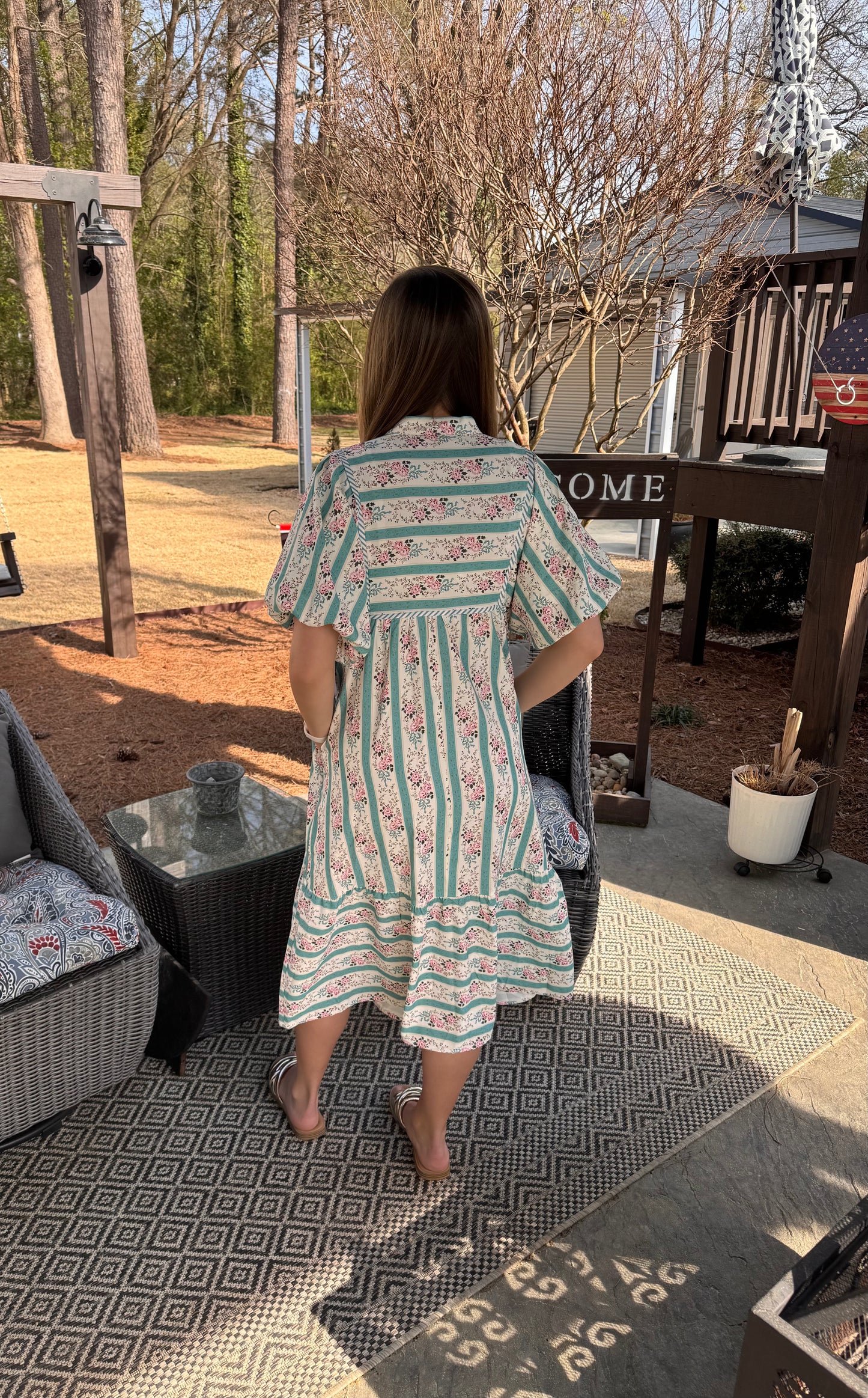 Floral Striped Pattern Puff Short Sleeve Dress