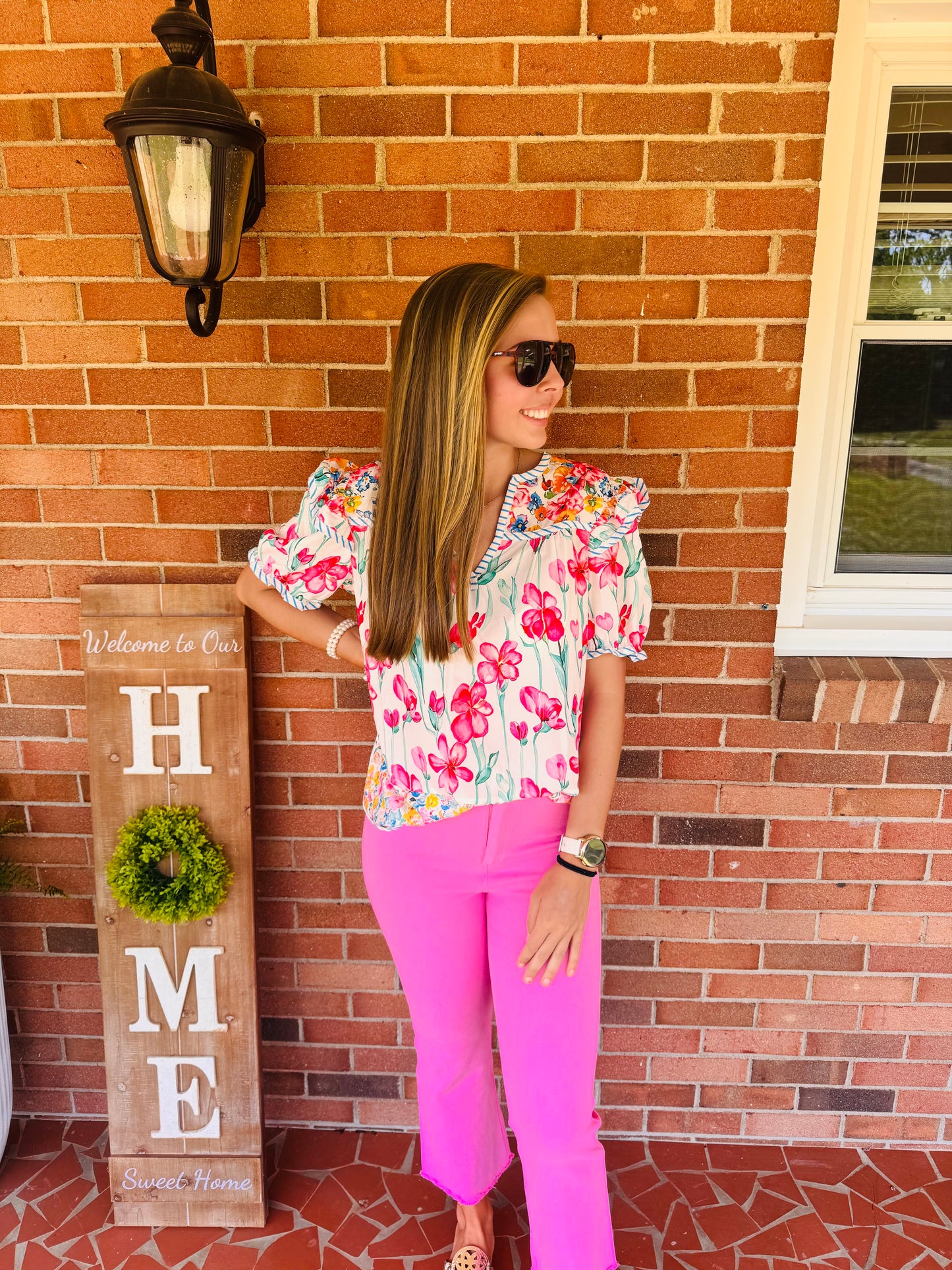 Floral Print Striped Detail Split Neck Blouse |