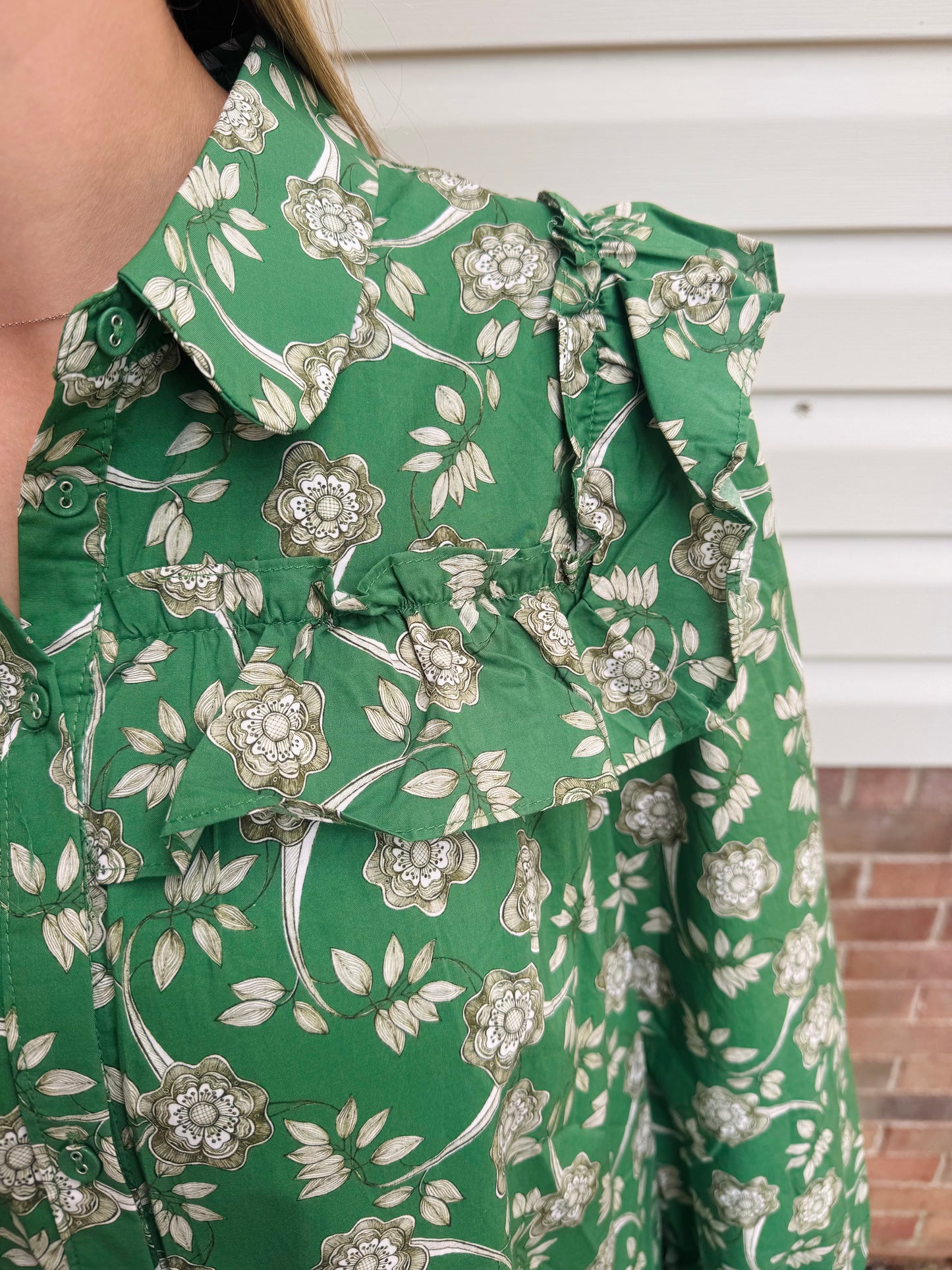 RUFFLE TRIM BUTTON DOWN MINI DRESS