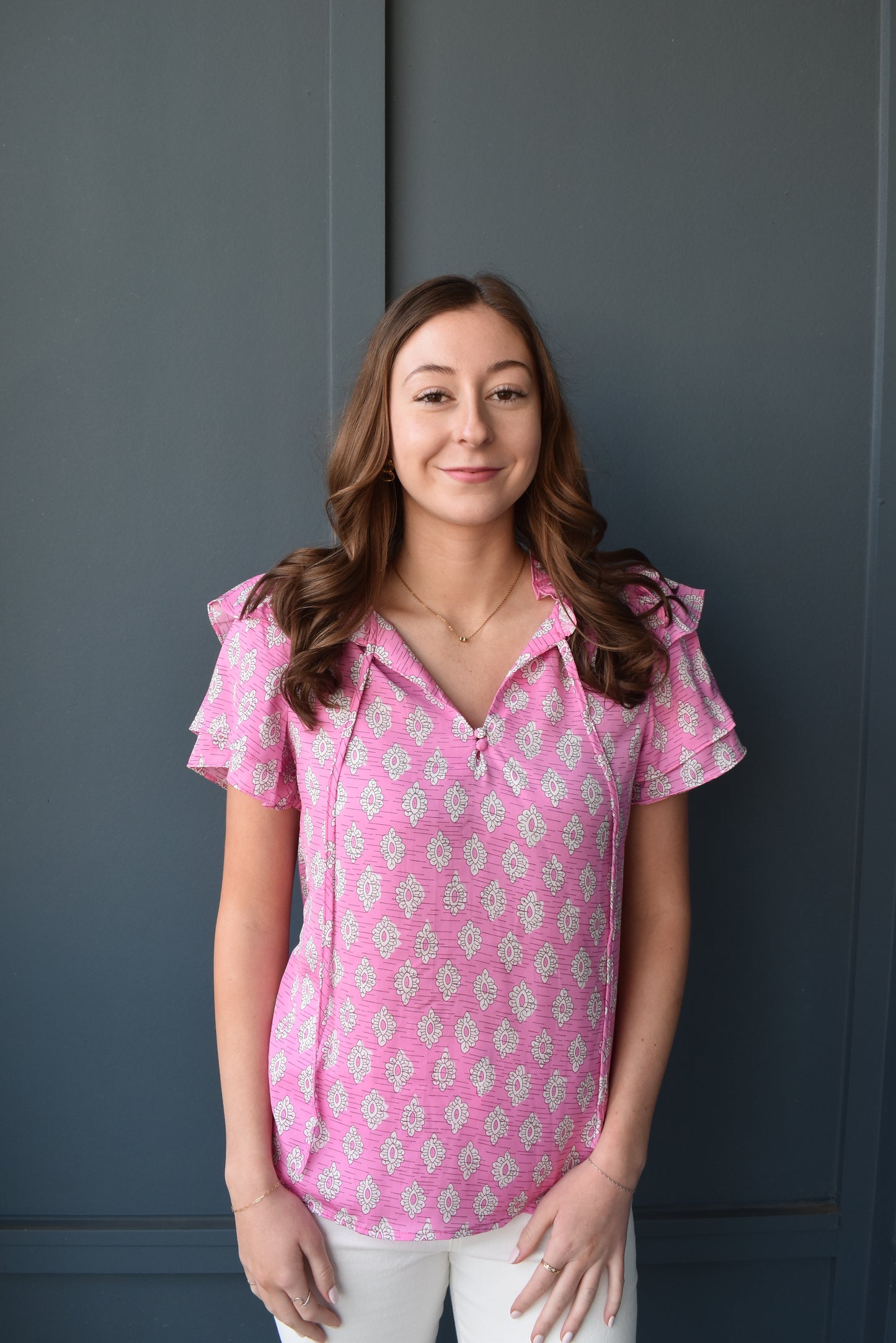 Floral Ruffled Split Neck Short Sleeve Blouse