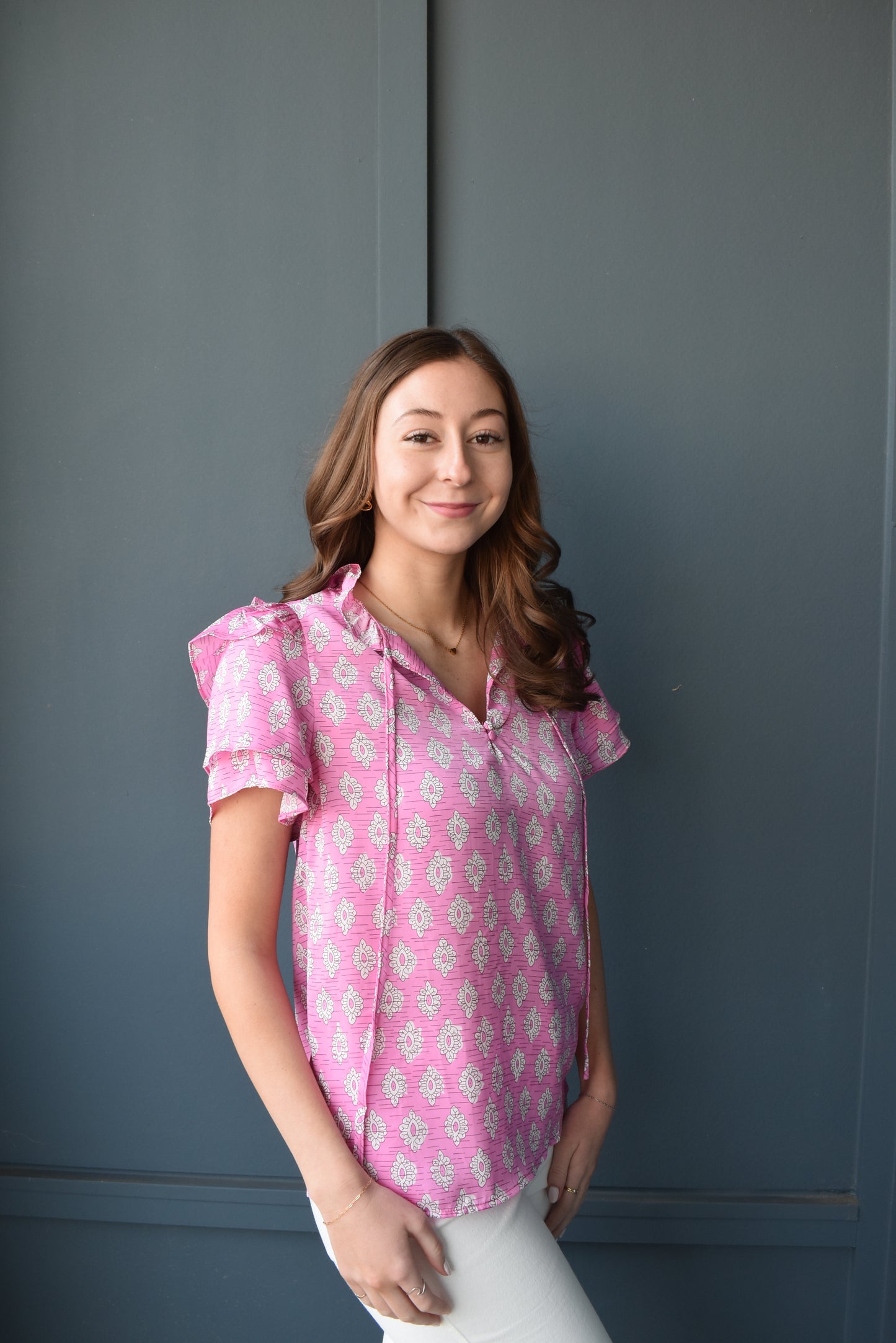 Floral Ruffled Split Neck Short Sleeve Blouse