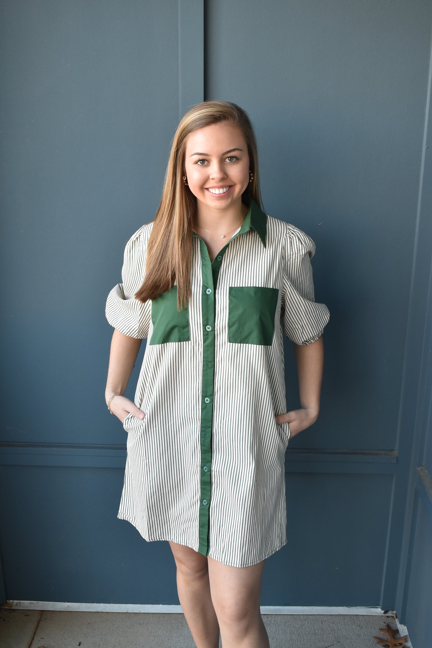 Stripe Puff Sleeve Buttoned Dress