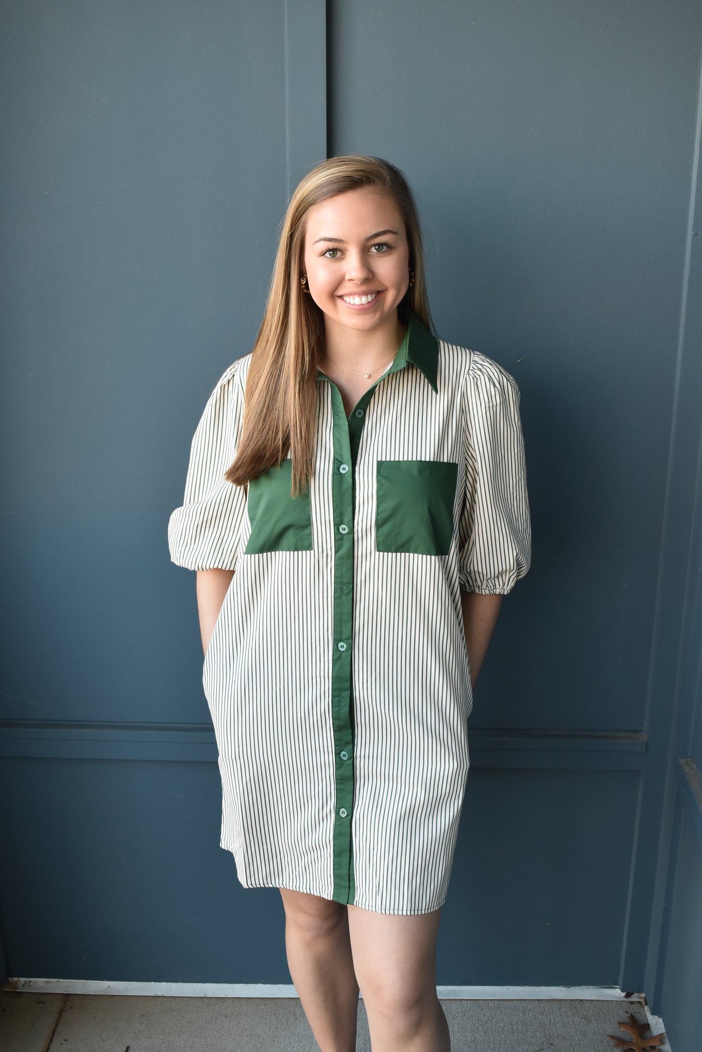 Stripe Puff Sleeve Buttoned Dress