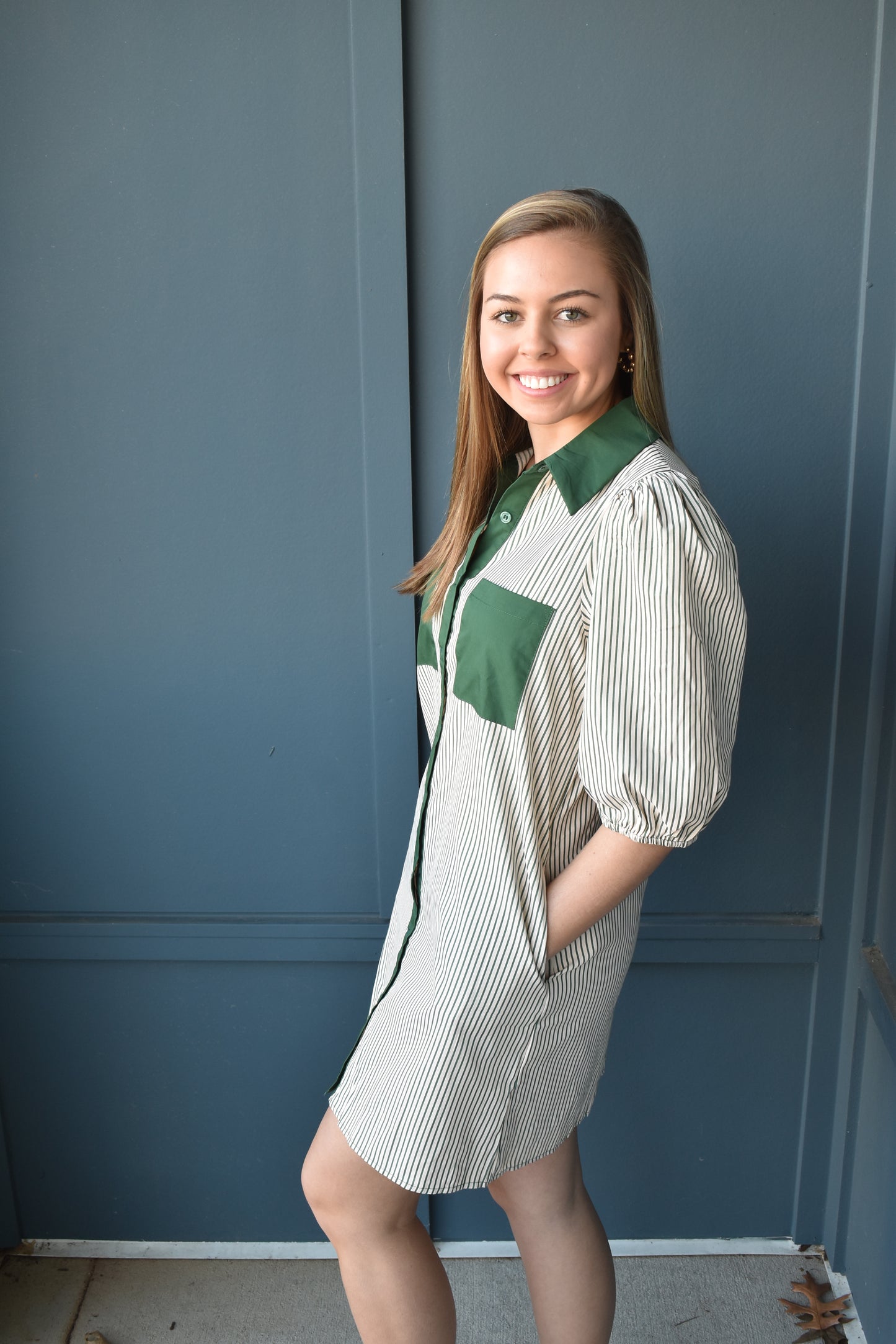 Stripe Puff Sleeve Buttoned Dress
