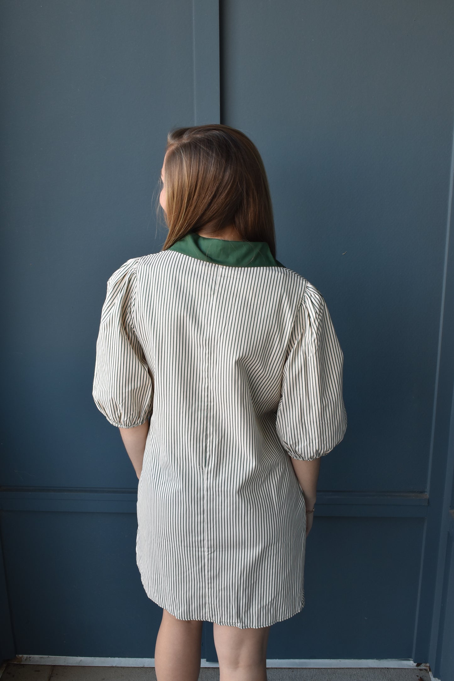 Stripe Puff Sleeve Buttoned Dress