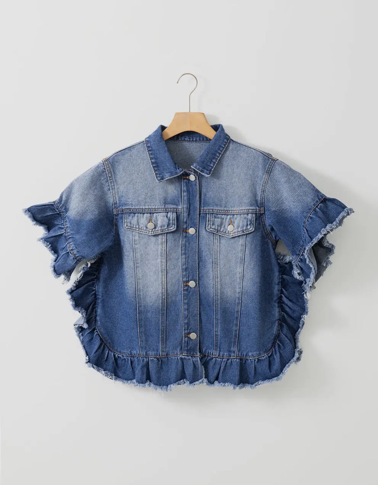 Raw Edge Ruffled Short Sleeve Denim Jacket