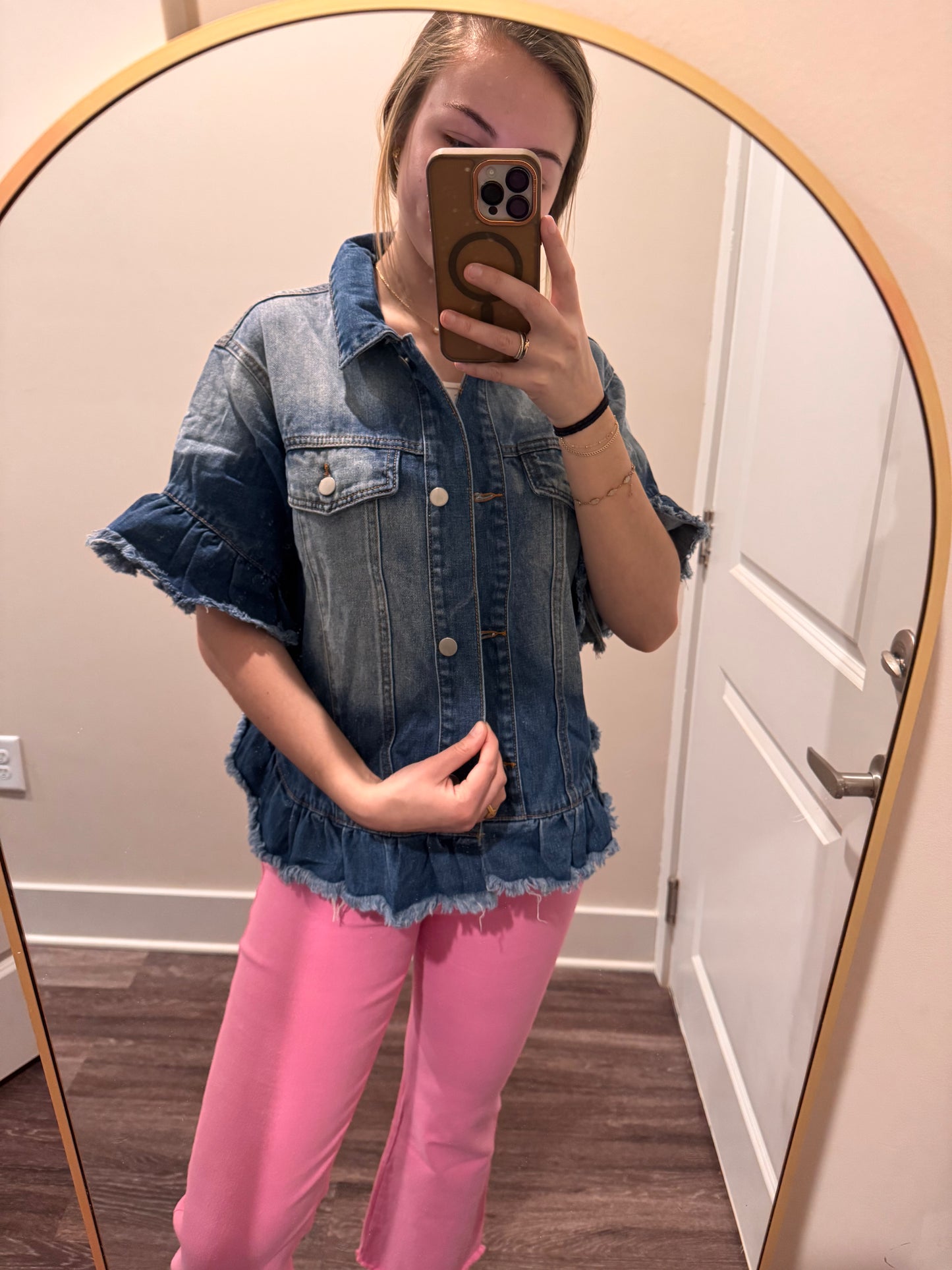 Raw Edge Ruffled Short Sleeve Denim Jacket