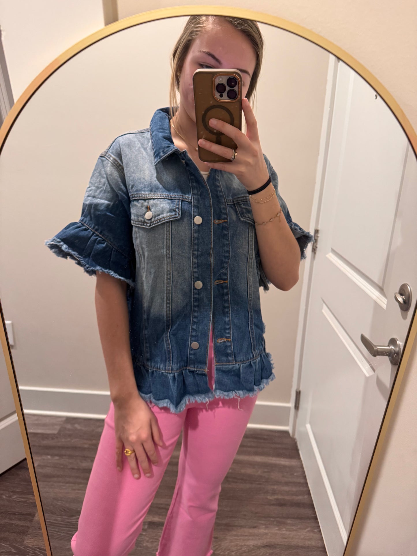 Raw Edge Ruffled Short Sleeve Denim Jacket