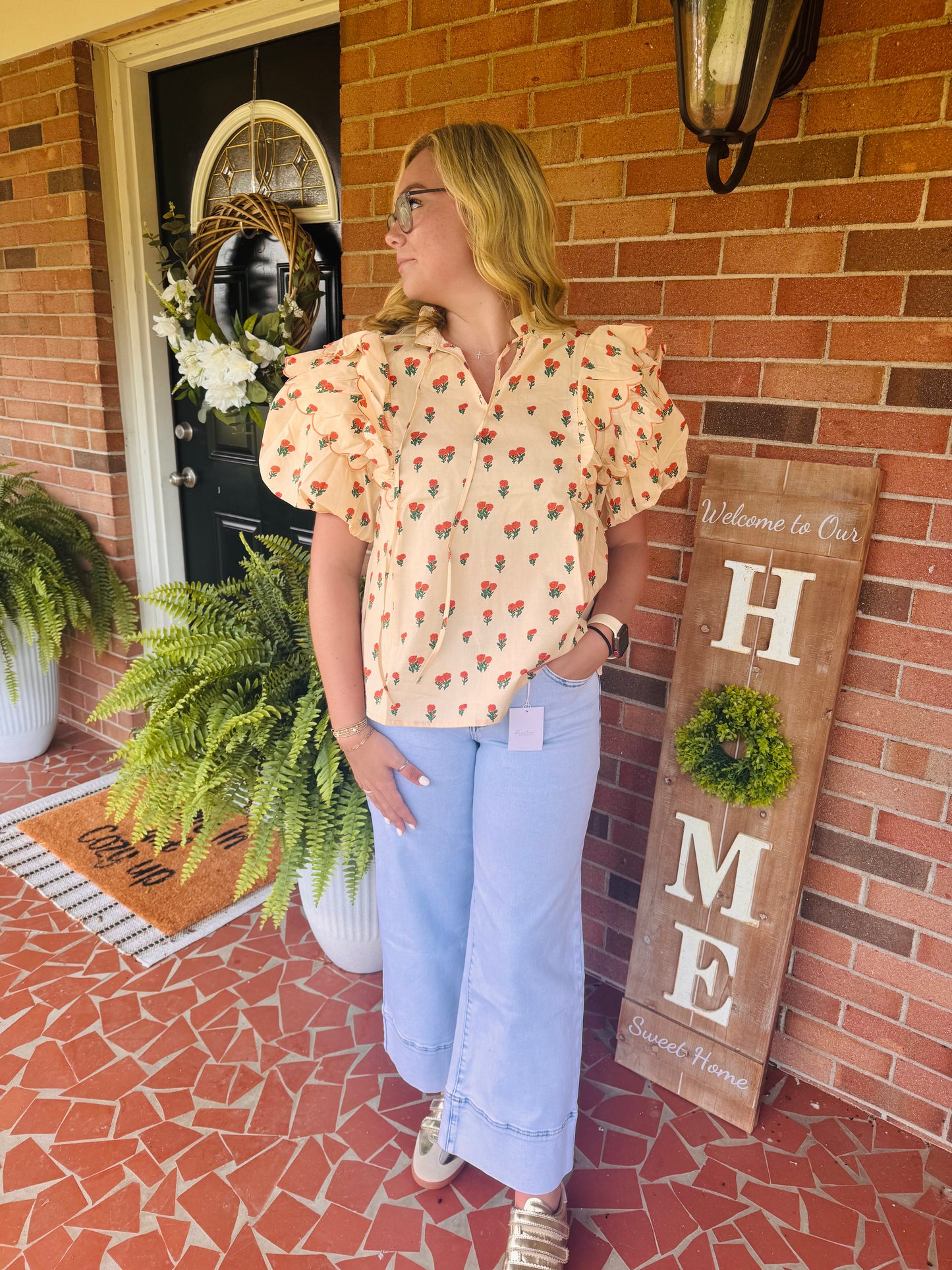 CONTRAST EDGE RUFFLE PUFF SLEEVE BLOUSE TOP