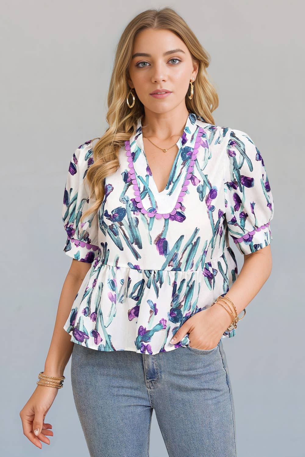 Floral Trim Half Sleeve Peplum Top