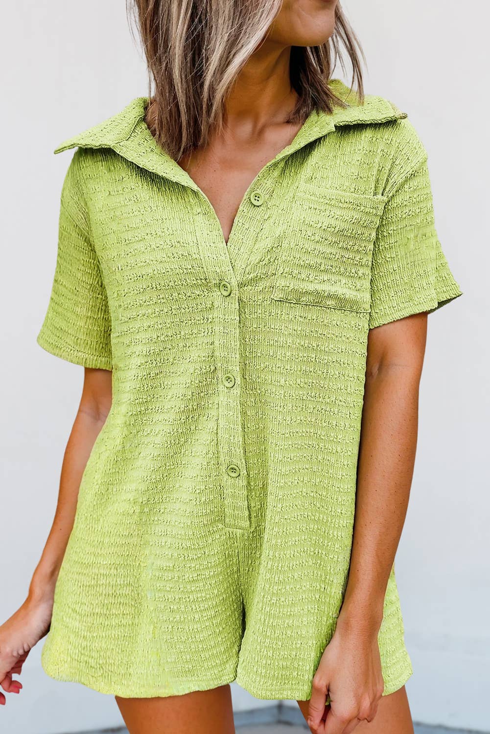 Textured Patched Pocket Buttoned Shirt Romper