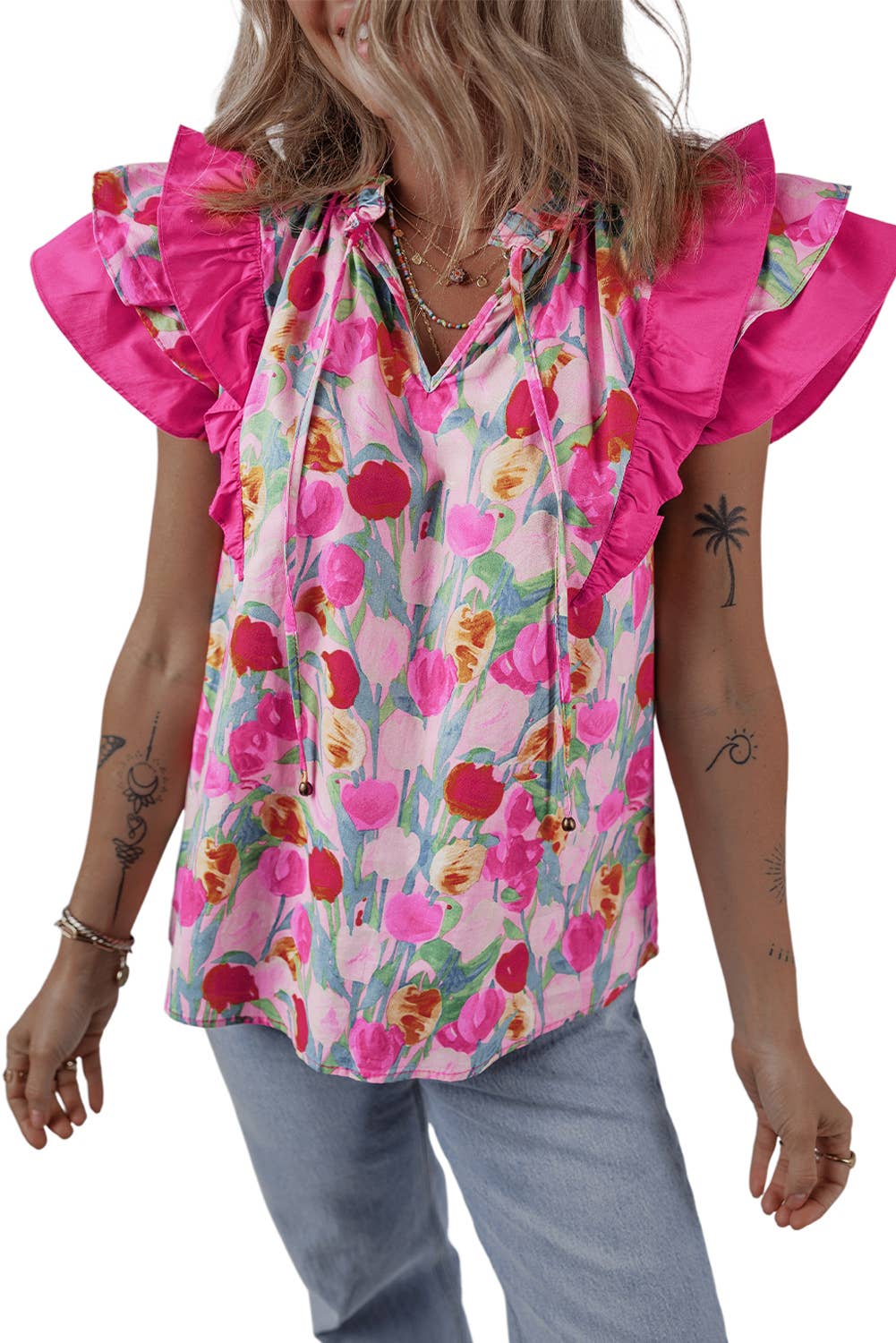 Floral Layered Ruffle Sleeve Blouse