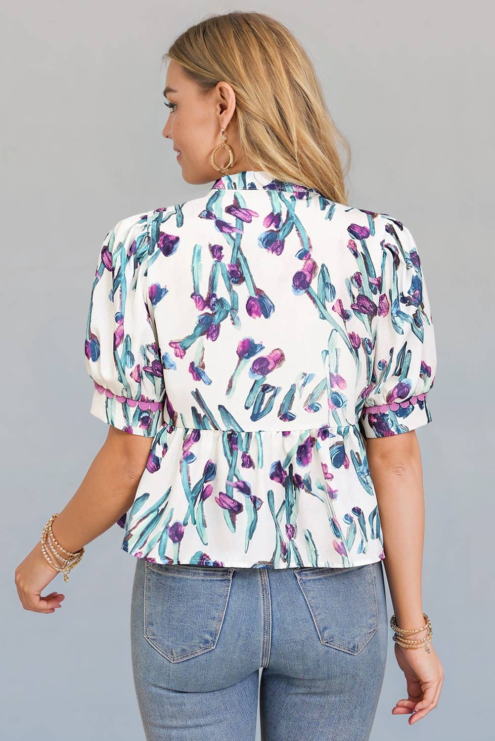 Floral Trim Half Sleeve Peplum Top