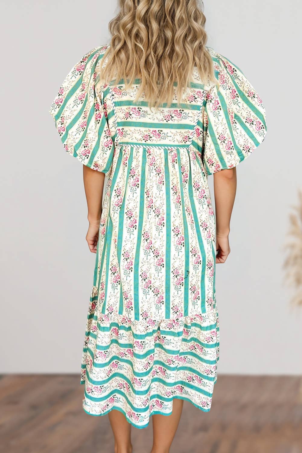 Floral Striped Pattern Puff Short Sleeve Dress