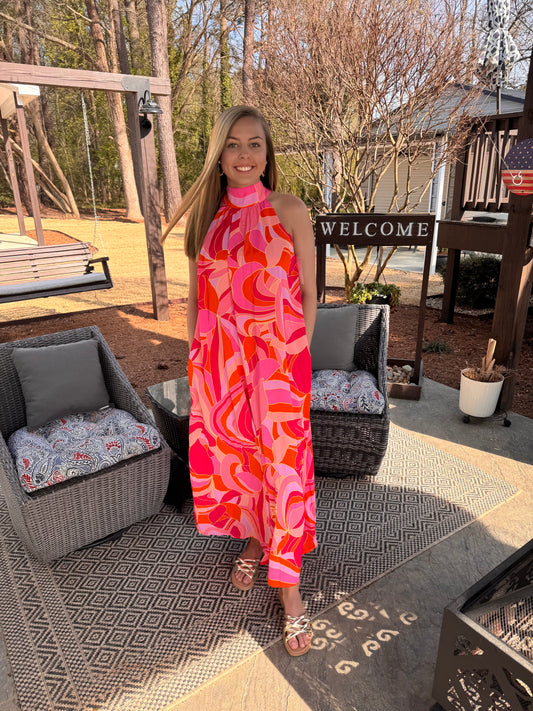 Abstract Print Knotted Mock Neck Maxi Dress