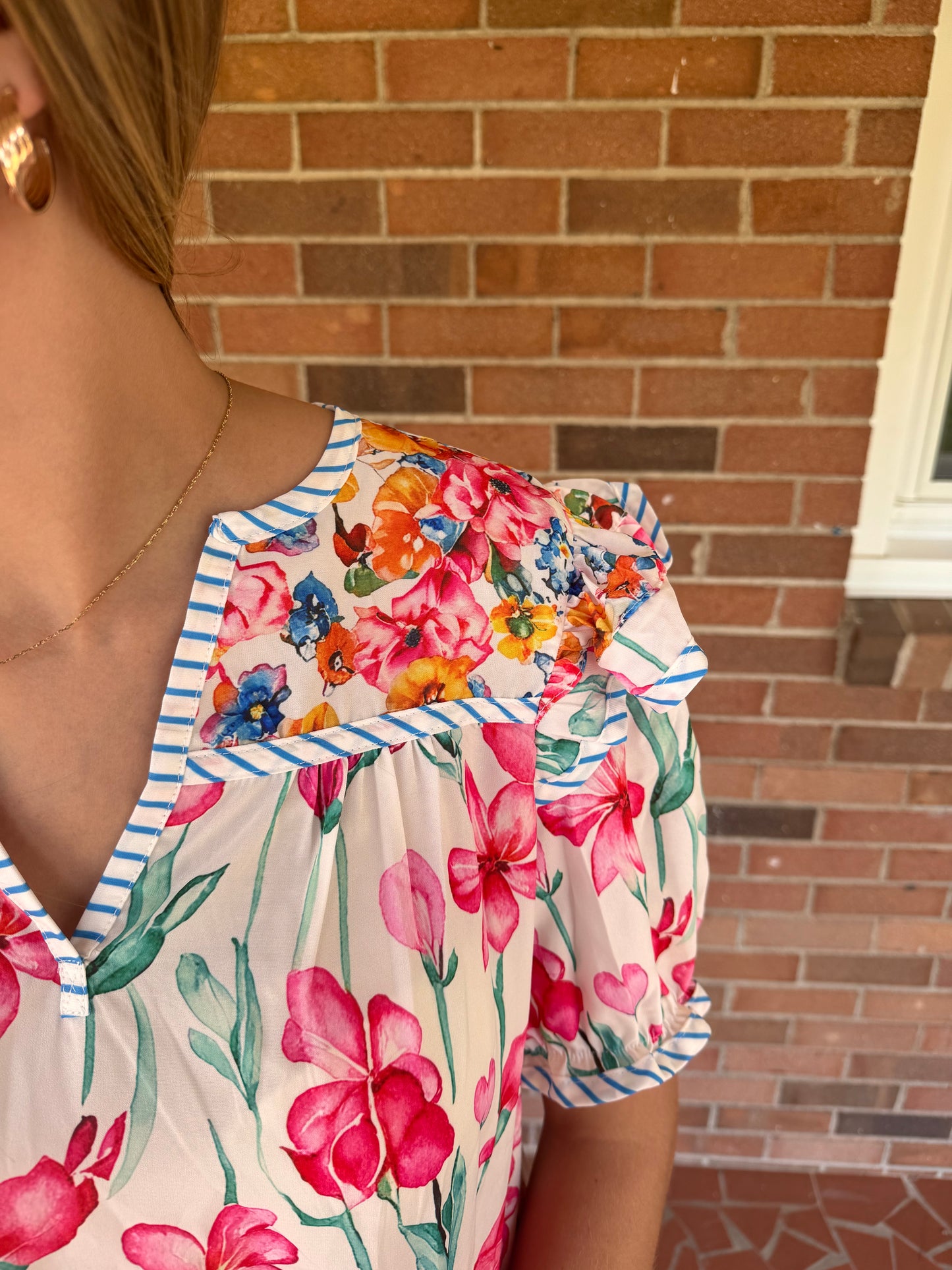 Floral Print Striped Detail Split Neck Blouse |
