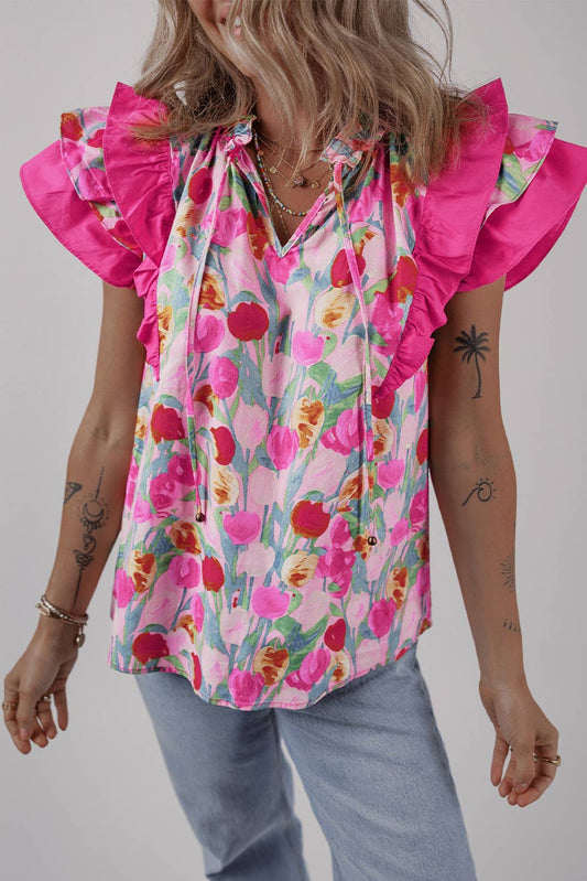 Floral Layered Ruffle Sleeve Blouse