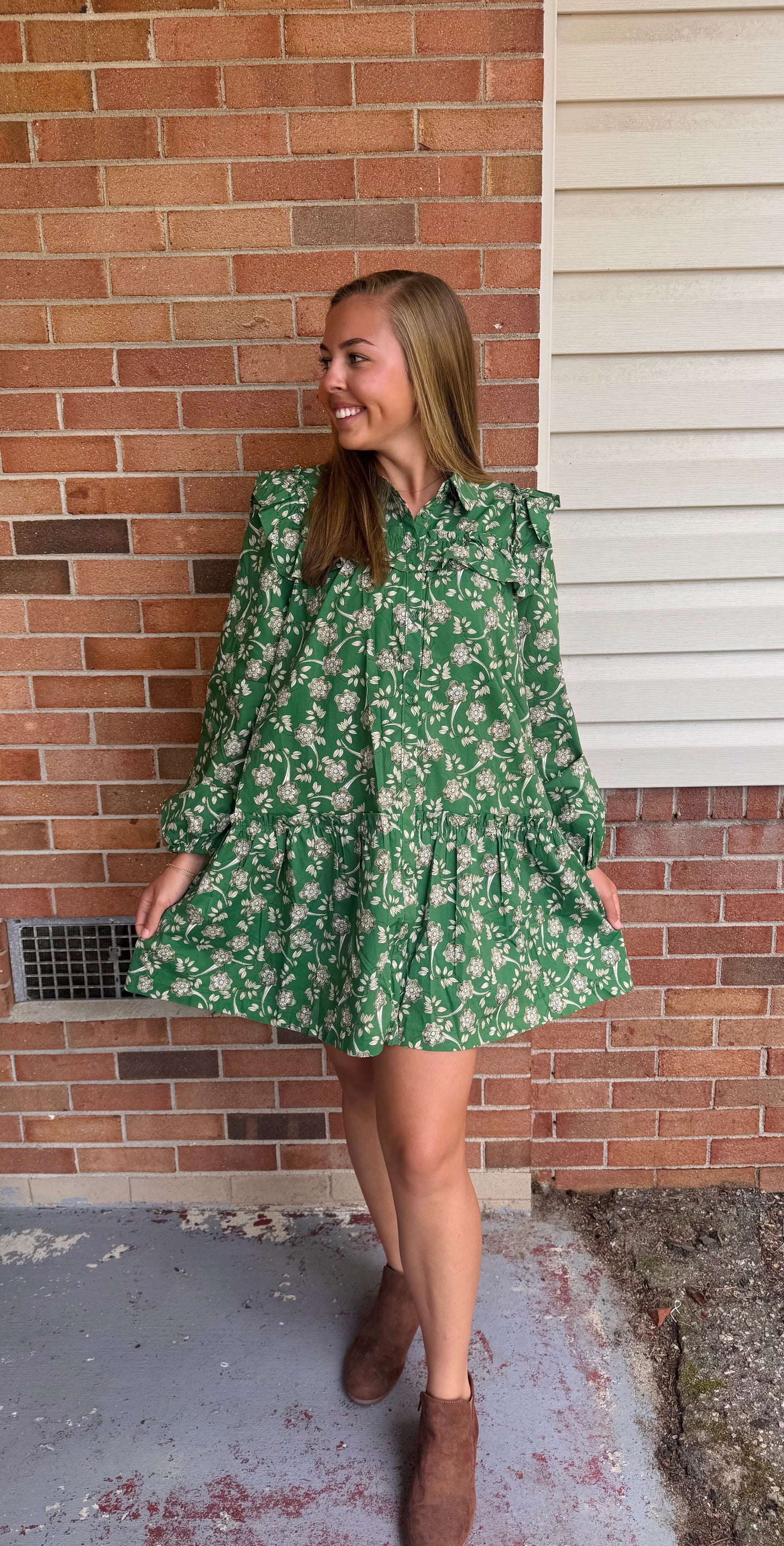 RUFFLE TRIM BUTTON DOWN MINI DRESS