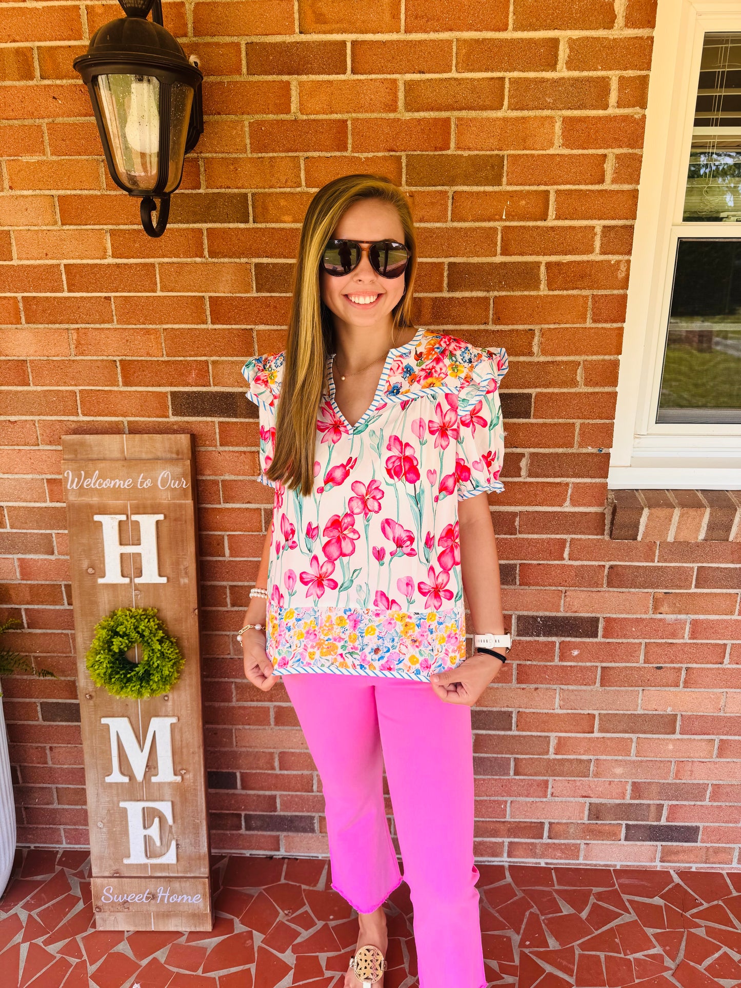 Floral Print Striped Detail Split Neck Blouse |