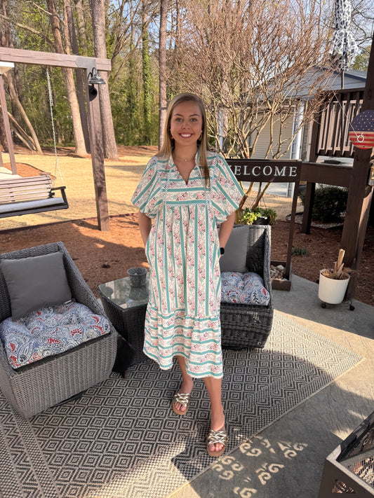 Floral Striped Pattern Puff Short Sleeve Dress