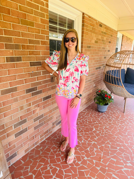 Floral Print Striped Detail Split Neck Blouse |