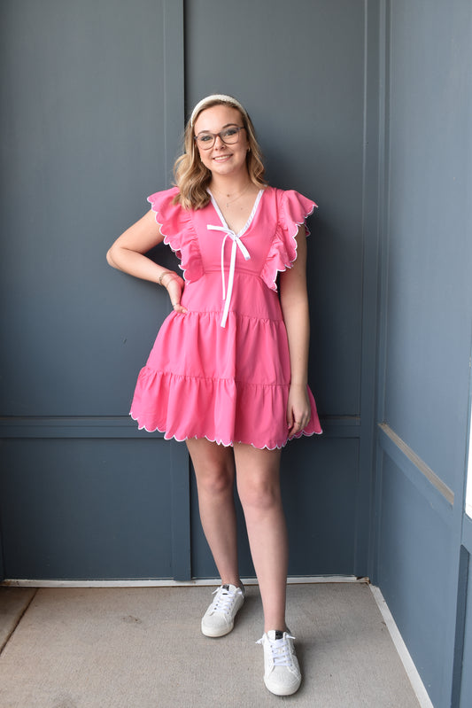 V Neckline Bow Detail Scalloped Dress