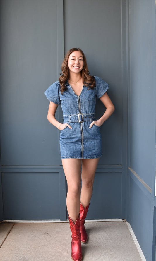 Puff Sleeve Denim Belted Mini Dress