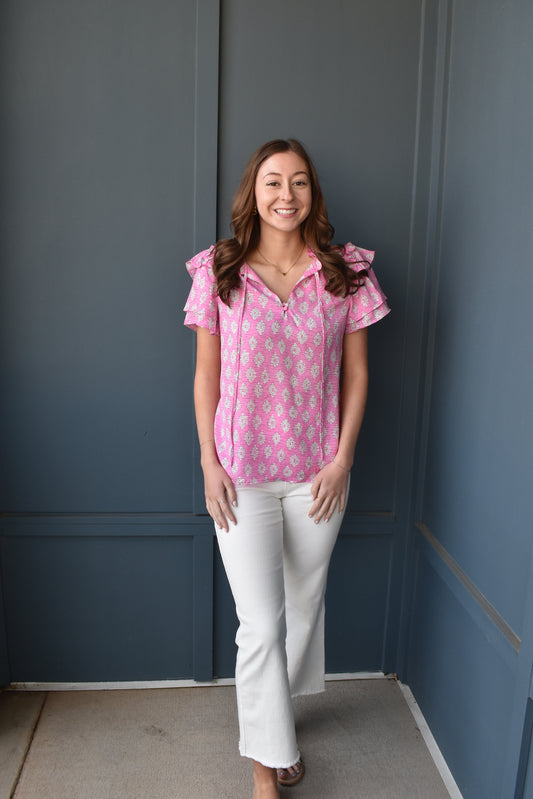 Floral Ruffled Split Neck Short Sleeve Blouse