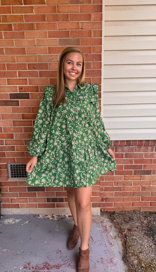 RUFFLE TRIM BUTTON DOWN MINI DRESS