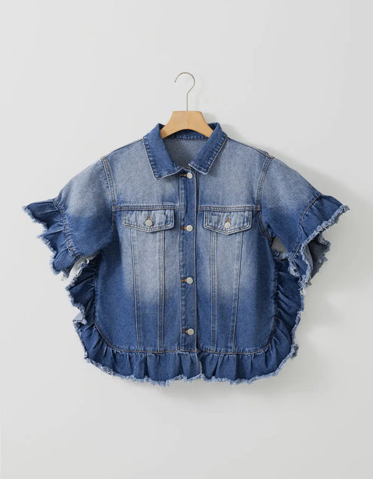 Raw Edge Ruffled Short Sleeve Denim Jacket