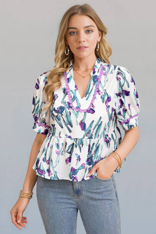 Floral Trim Half Sleeve Peplum Top