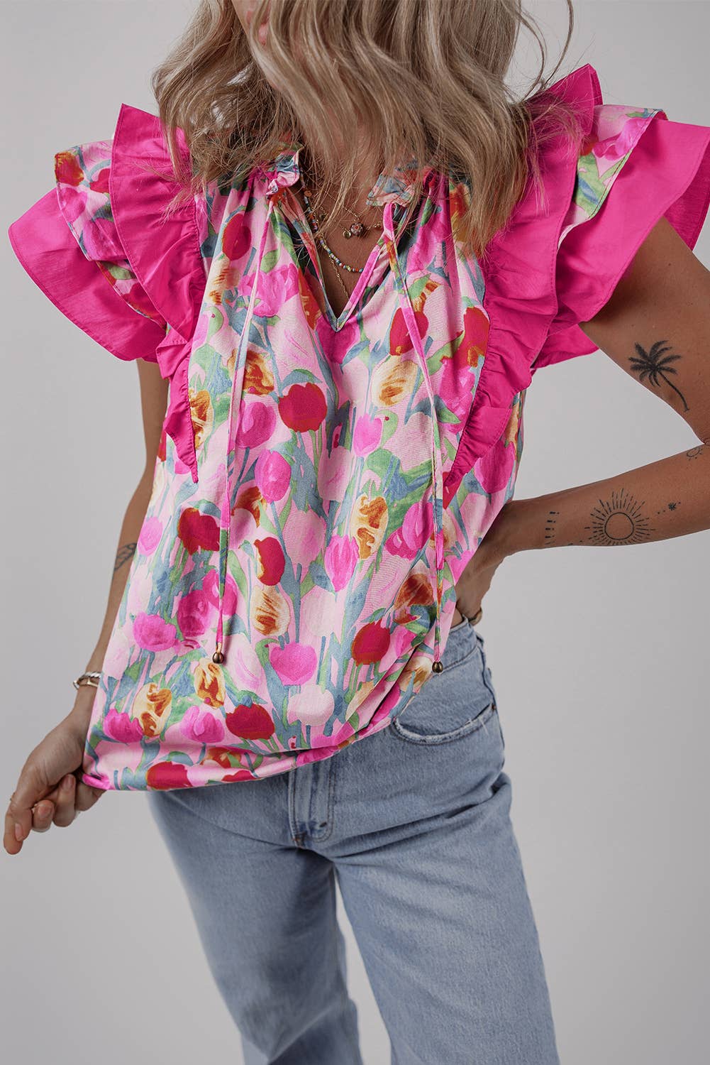 Floral Layered Ruffle Sleeve Blouse